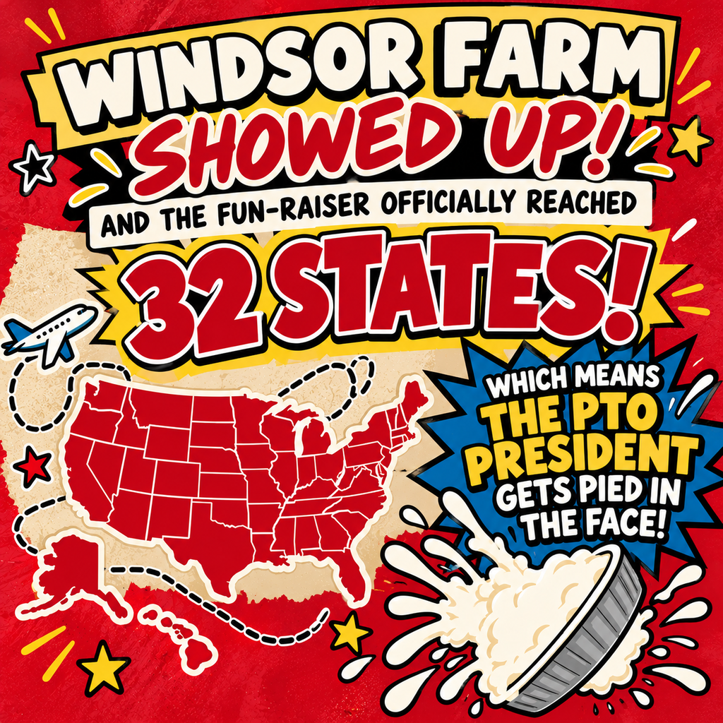 A promotional poster features a map of the US with 32 states highlighted. Text reads "Windsor Farm Showed Up! and the Fun-Raiser Officially Reached 32 States!"
