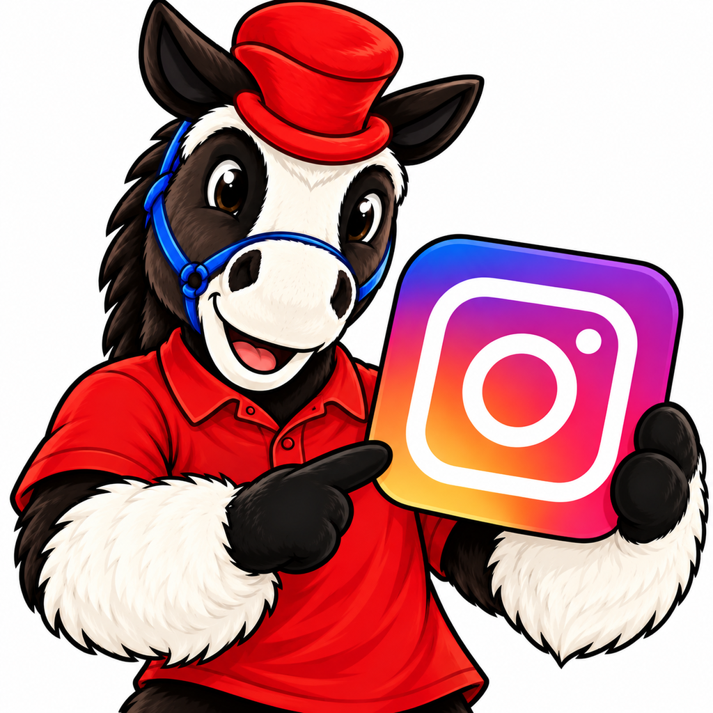 Cartoon horse wearing red hat and shirt holds Instagram app with multicolored logo. Background is plain white.