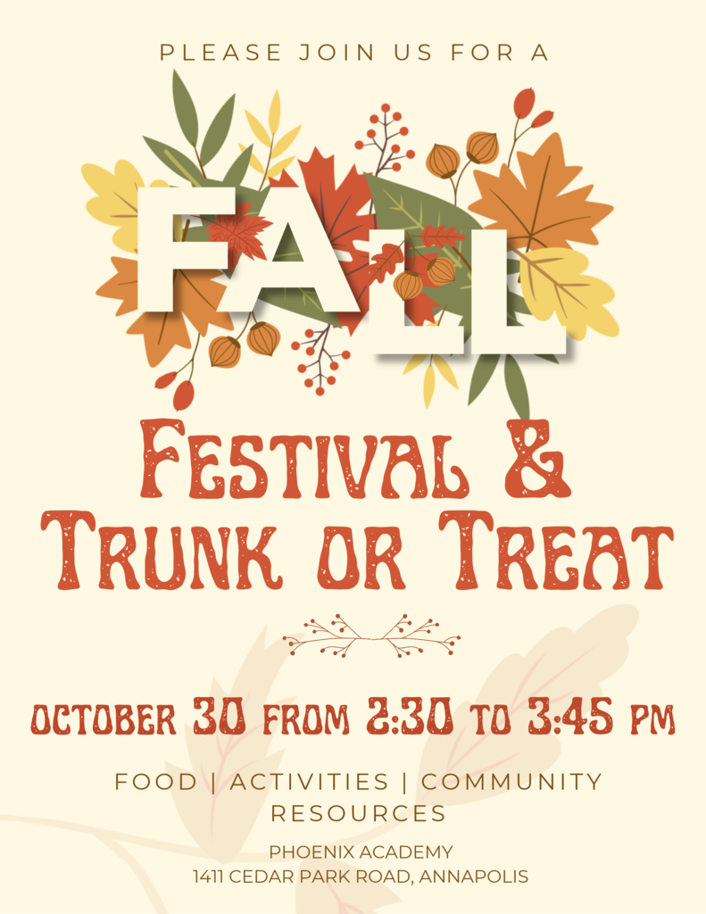 A poster invites attendees to a fall festival and trunk-or-treat event. It features colorful leaves, acorns, and berries.
