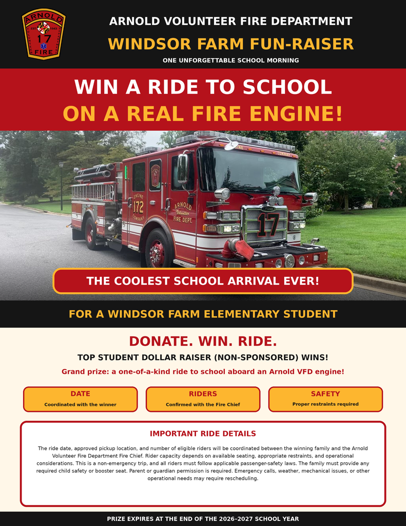 Poster with a red fire truck on a road. Text: "Win a ride to school on a real fire engine!"
