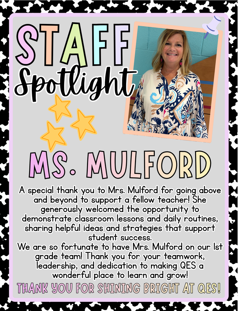 A poster features a woman, Ms. Mulford, with a floral print dress. Text highlights her contributions to the team.