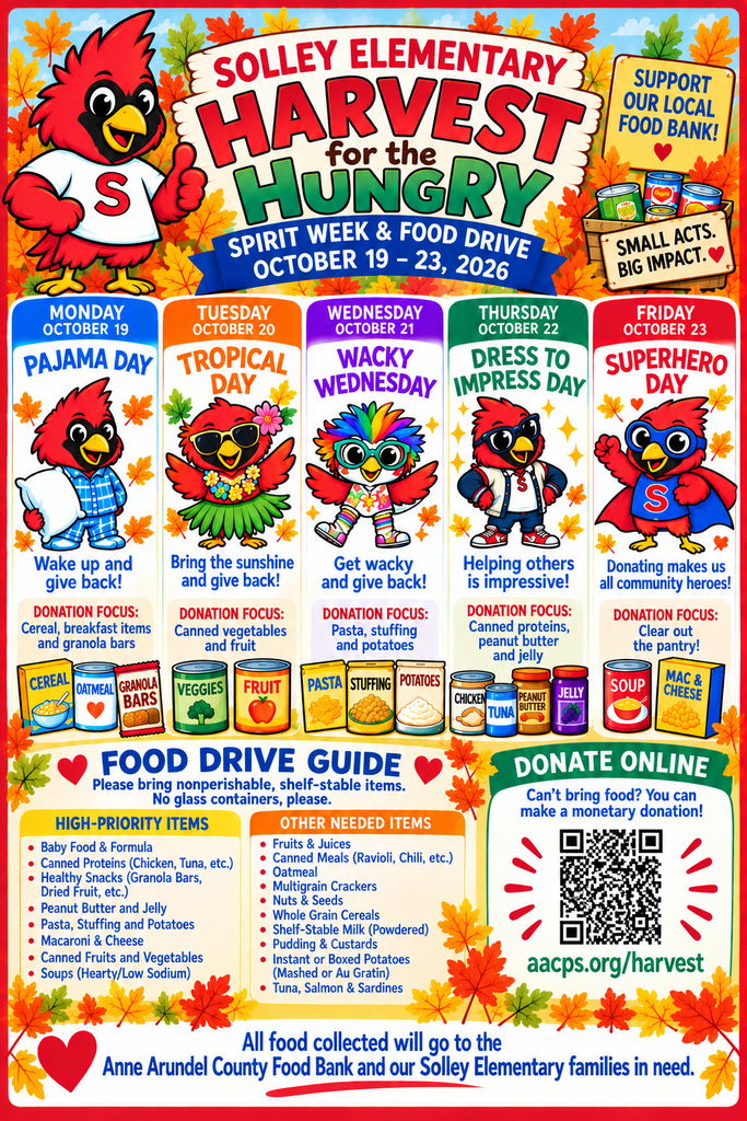 Harvest for the Hungry Food Drive and Spirit Week Flyer