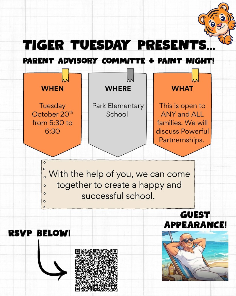 Advertisement for Tiger Tuesday event. Text blocks read "When", "Where", and "What". Text below reads "RSVP below". QR code, cartoon tiger, and illustration of person in sunglasses.