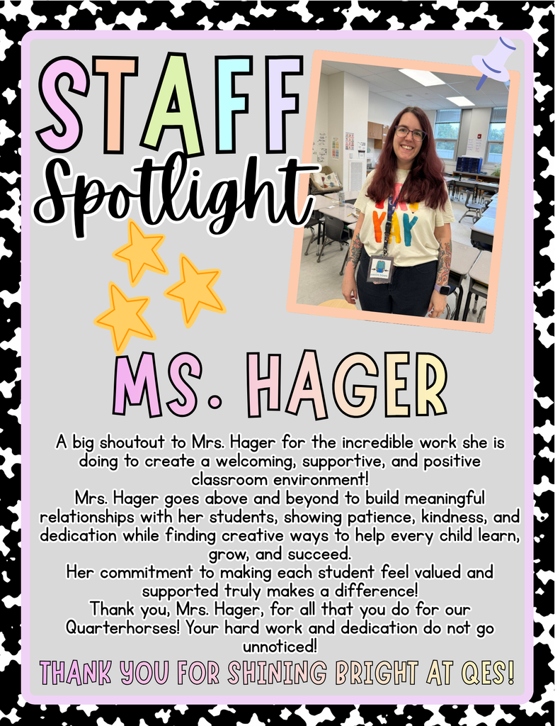 Text on poster highlights Ms. Hager. Photo shows smiling woman wearing a name tag, standing in a classroom.