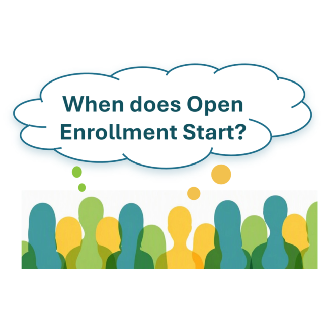 A cloud-shaped thought bubble above a group of people asking "When does Open Enrollment Start?"