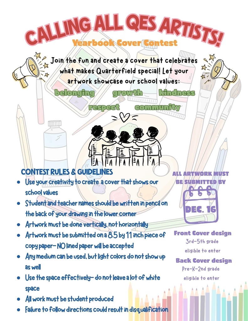 Poster with colorful text and illustrations inviting artists to join a yearbook cover contest. Text includes contest rules and guidelines.