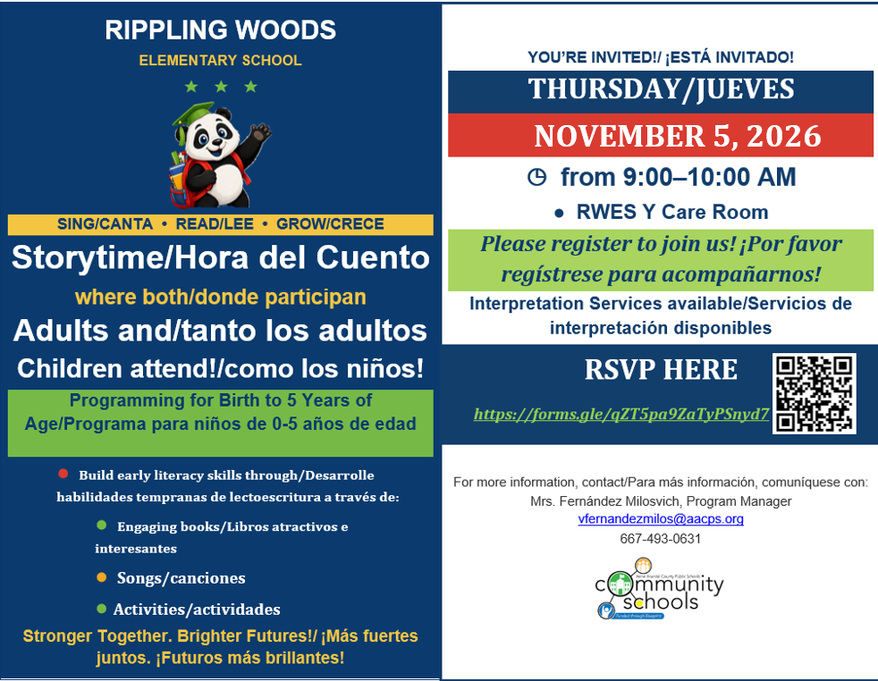 An advertisement in blue, red, and white for a school event on Nov. 5, 2026, from 9-10 am. Panda graphic, QR code, and contact information.