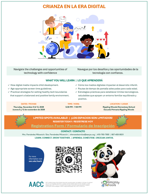 A poster with blue, white, and orange colors. It shows a panda and a QR code. Text is in Spanish and English.
