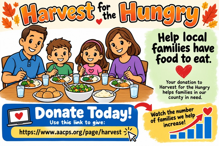 Illustration of a family of four sitting at a table with food, a call to action to help feed local families, and a link to donate.