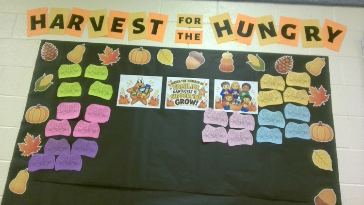 A bulletin board with "Harvest for the Hungry" text, autumn leaves, pumpkins, and colorful notes.