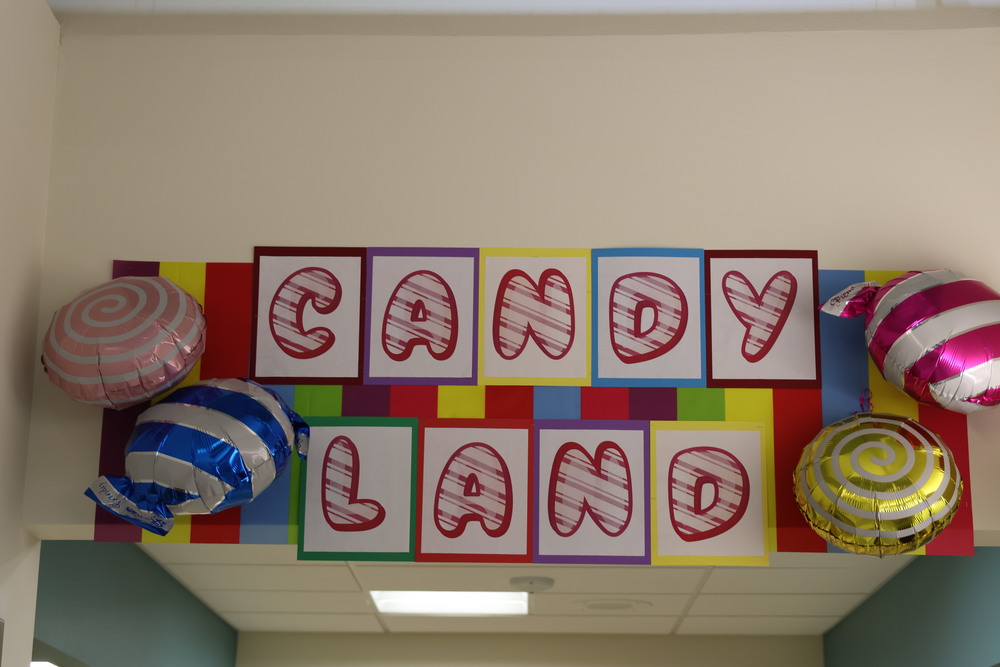candy land sign on wall with balloons