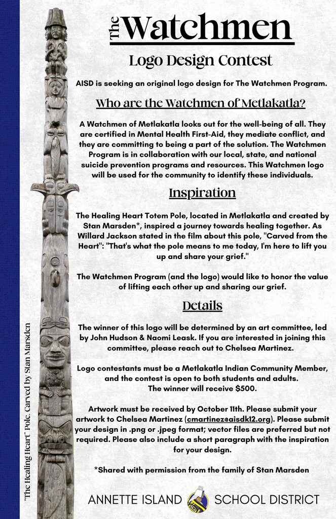 graphic with text (in description), totem pole, aisd logo of man in regalia