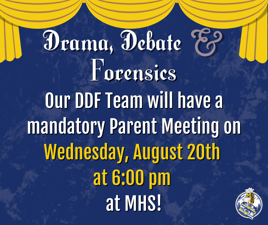 Parent Meeting 2026 graphic with text and curtains for DDF