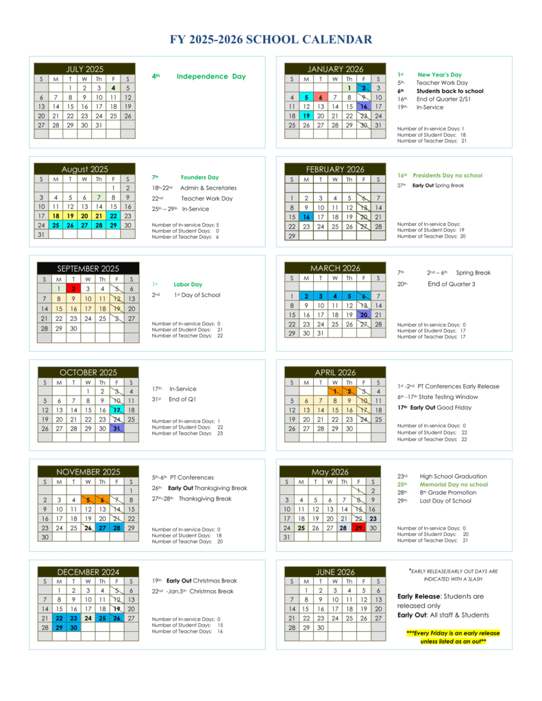 2025-2026 School Calendar .  Link to pdf in text