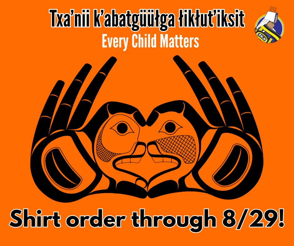 shirt order graphic with formline hands and text