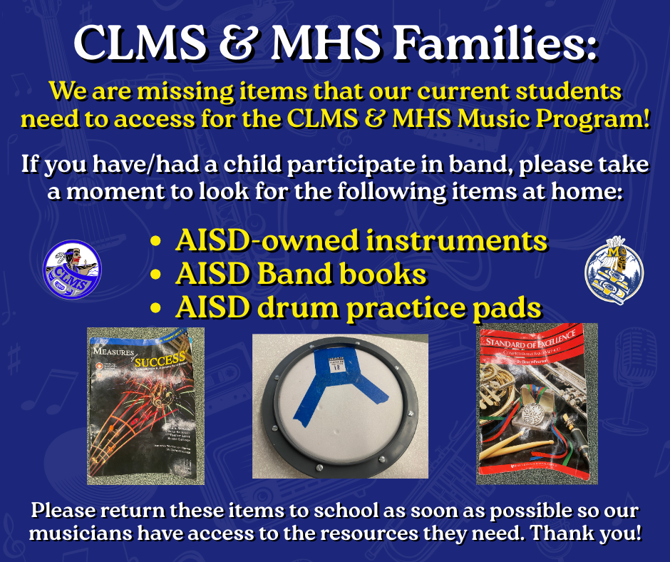band graphic 25, text with images of music books and drum pad