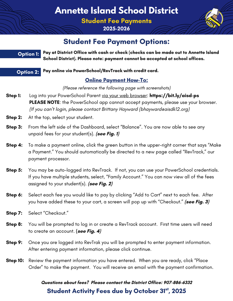 student fee online payment info, pdf link in text