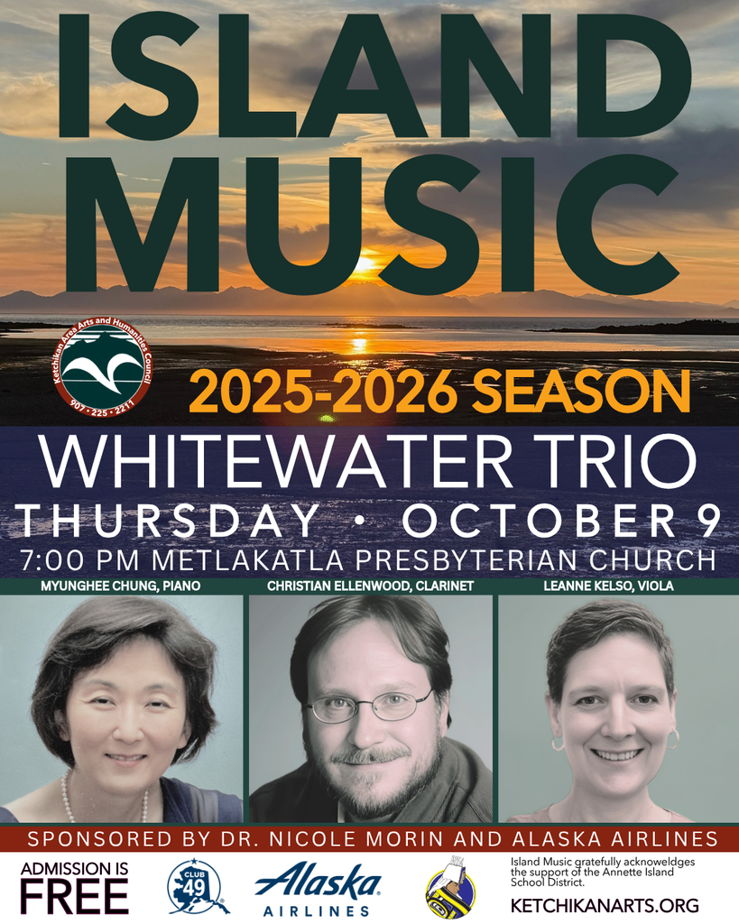 graphic with text, sunset on beach, images of three smiling people
