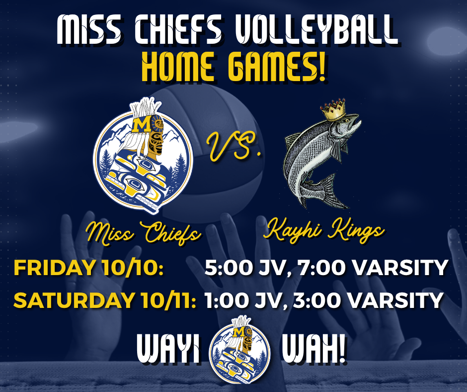 kayhi @ home graphic with mascots, text, and volleyball information