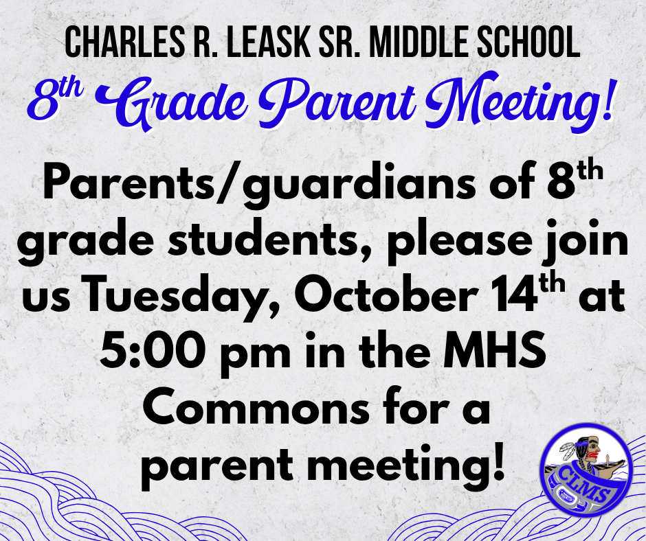 parent meeting 10-14, graphic with text, waves,clms lofo of man in canoe with blanket and mask