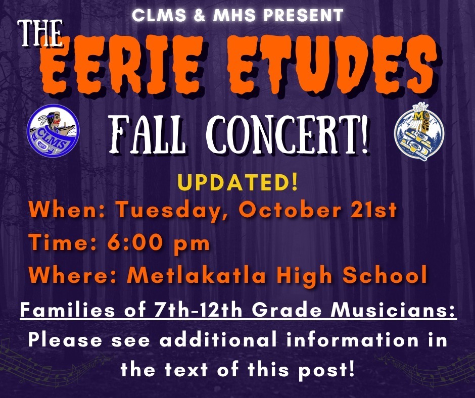 eerie etudes concert graphic with spooky trees, text