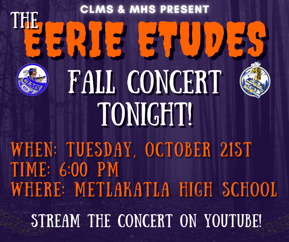 eerie etudes tonight graphic with text and spooky trees