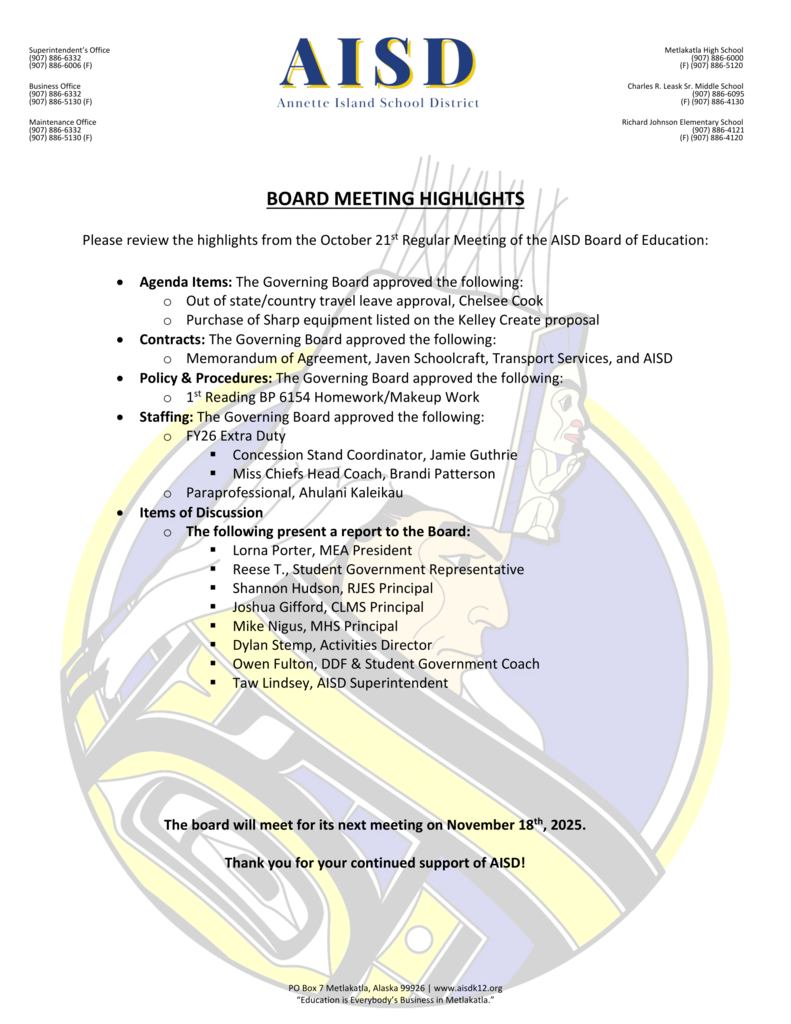 October 25 Board Meeting Highlights link to pdf in text