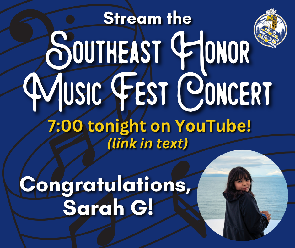 graphic with music notes, text. picture of smiling student