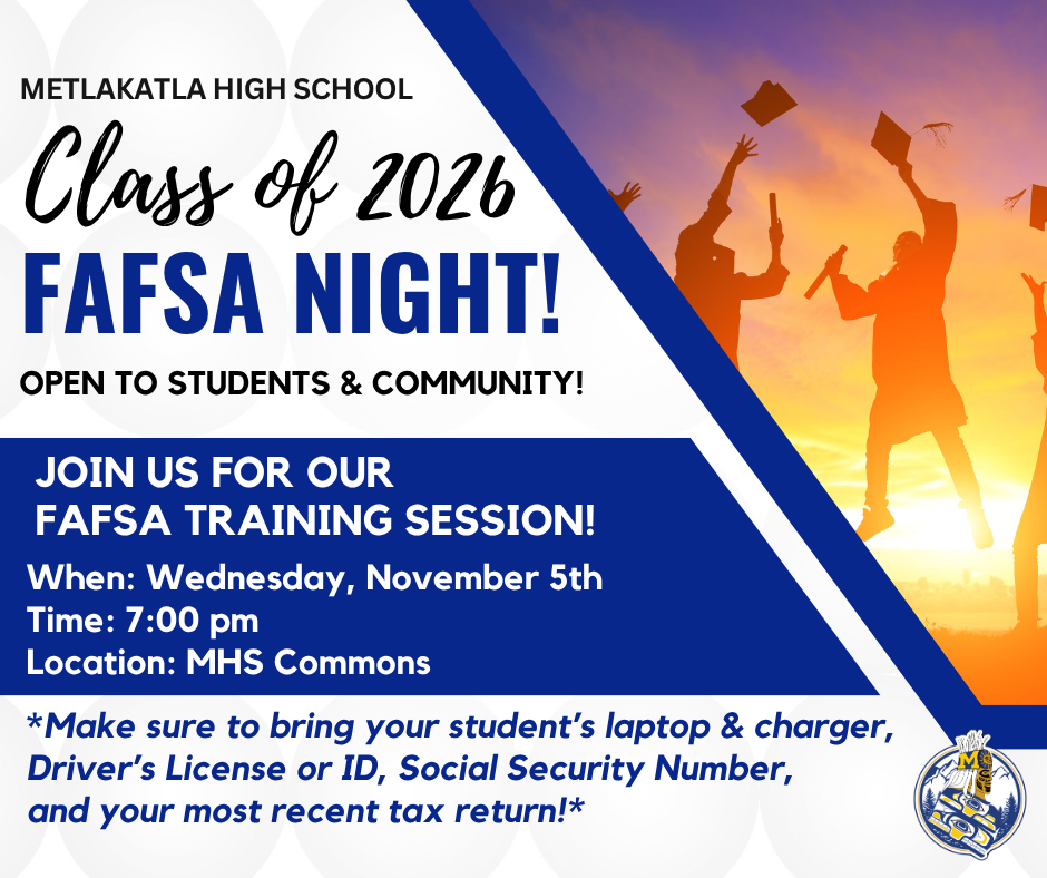 fafsa 11-5-25 graphic with text and image of graduates jumping with sunset