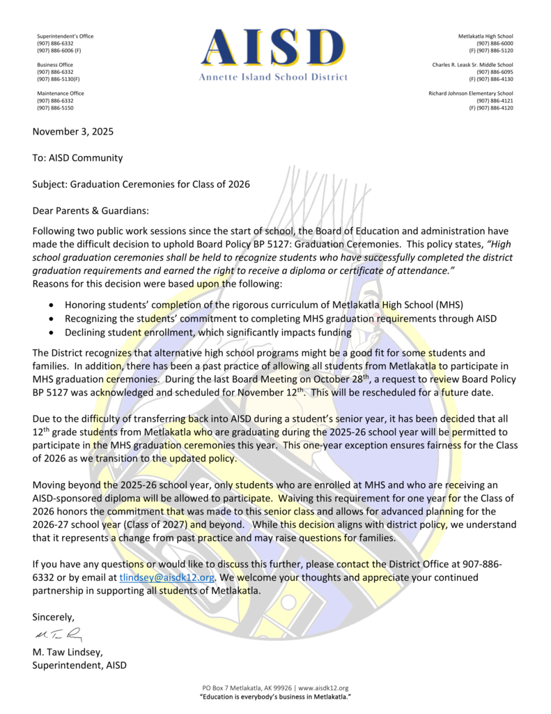 Updated Letter to Community 11-3-25. Link to pdf in text.