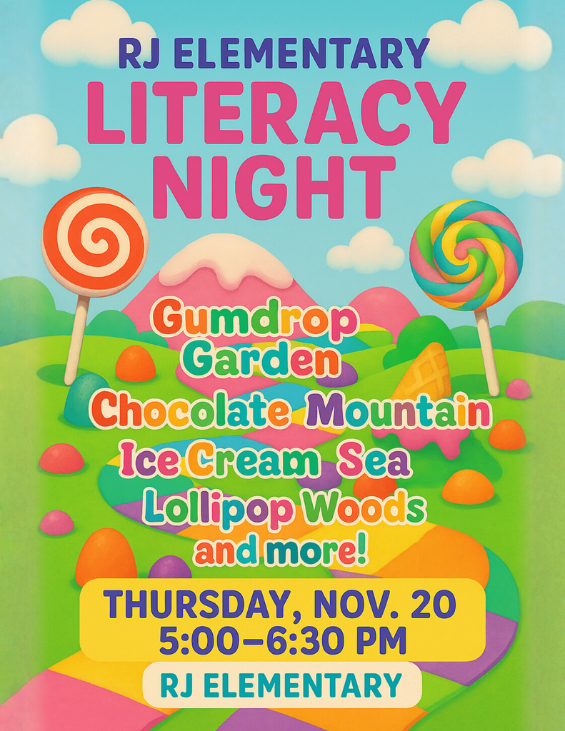 Candyland Literacy night flyer with text and candyland graphics