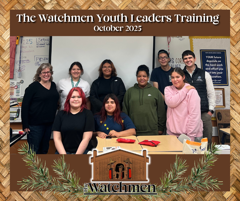 graphic with text, the watchmen logo, photo of students and adults in a classroom