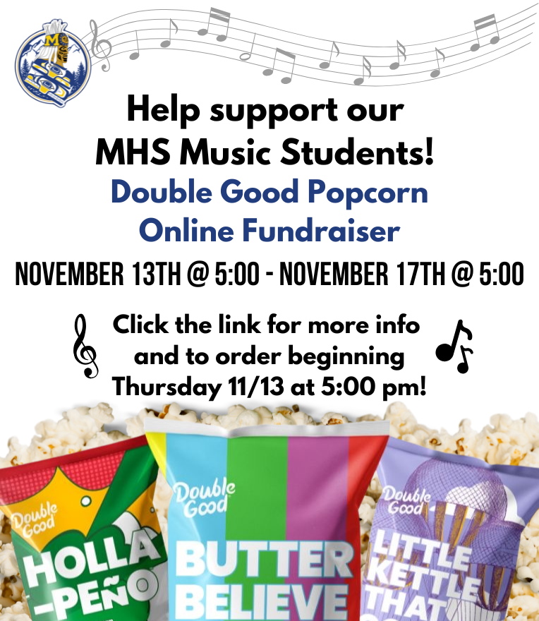 graphic with text, pop corn bags, music notes