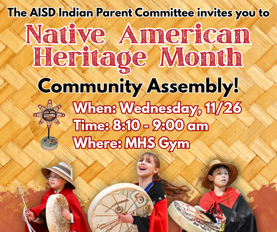 NAHM 2025- graphic with cedar woven and three students in regalia with drums.