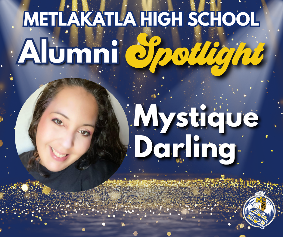 Mystique Darling- graphic with text, woman smiling, glitter and spotlights