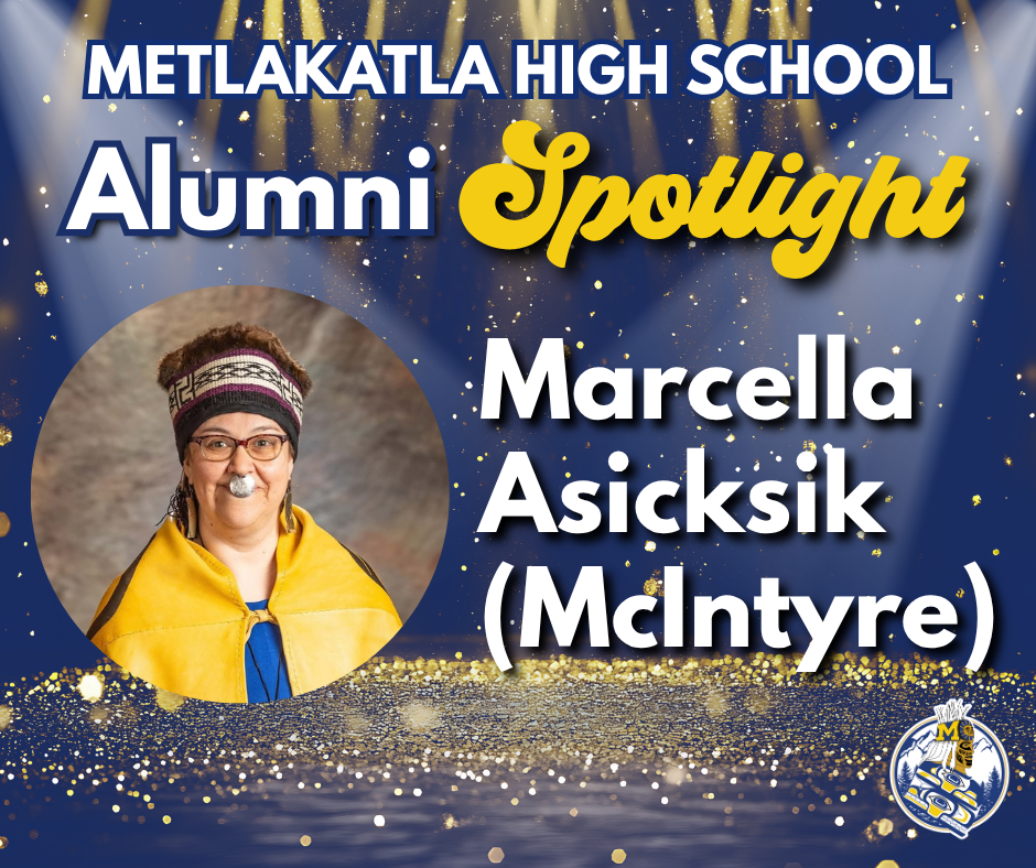 graphic with text, woman smiling in regalia, glitter and spotlights