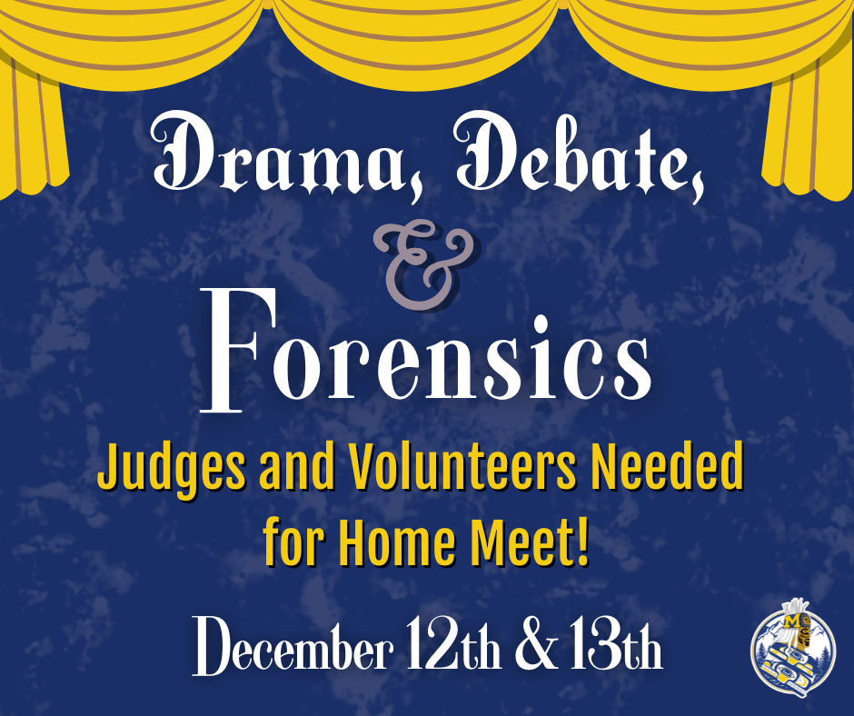 volunteers needed - graphic with text, curtains, mhs logo