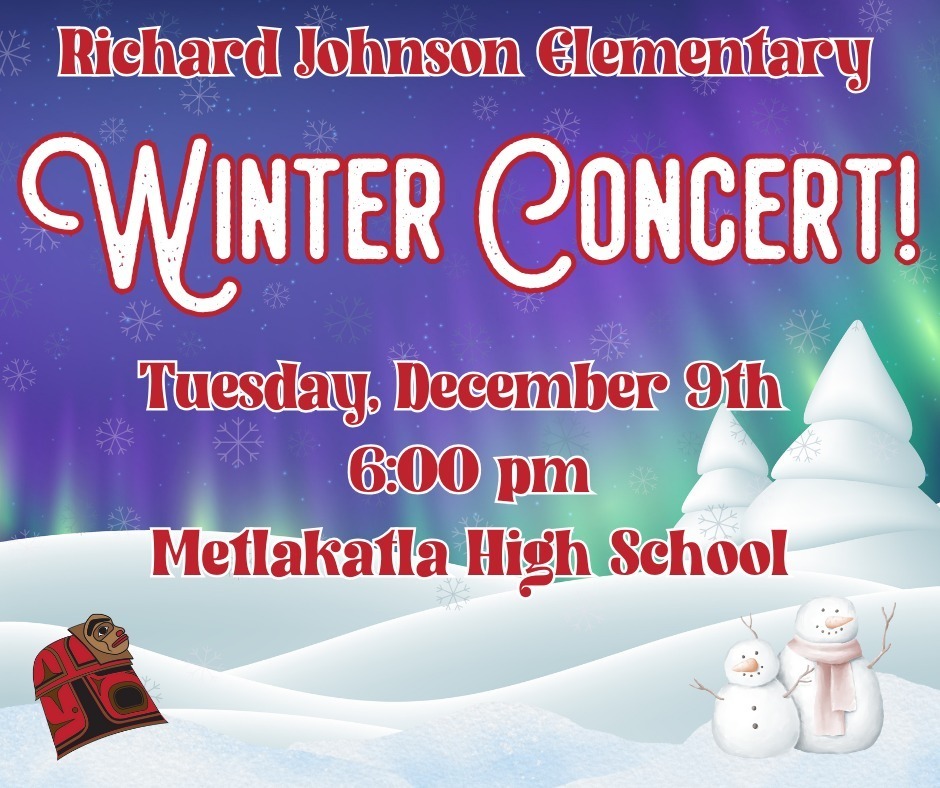 winter concert rj graphic with text, snow, aurora