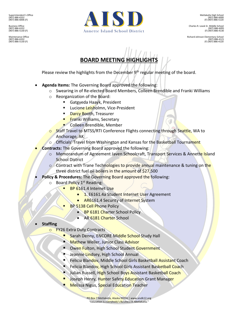 December 2025 Board Meeting Highlights-1 - link to pdf in text