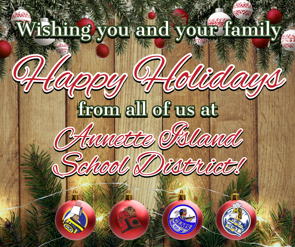 graphic with Holiday decorations, text