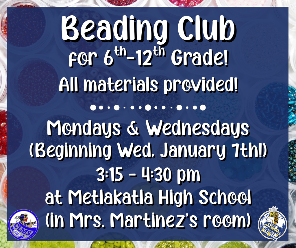 Beading Club graphic with text, logos, jars of beads