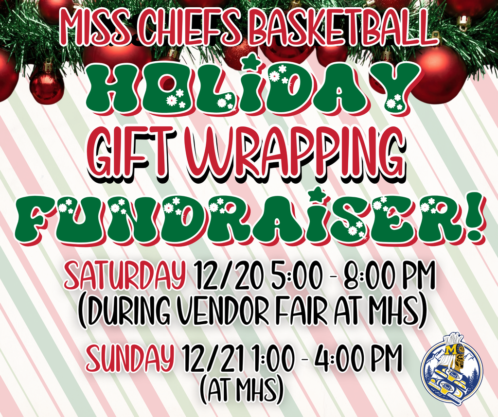 Miss Chiefs wrapping fundraiser graphic with text, ornaments, stripes