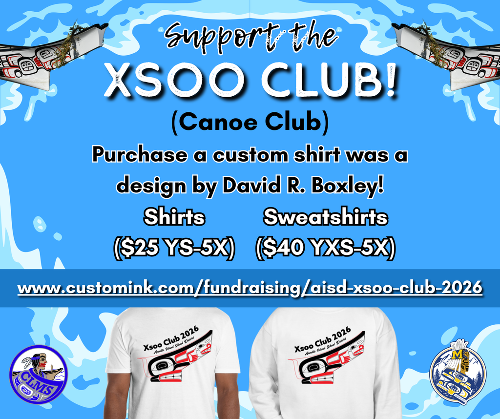 Xsoo Club Fundraiser - graphic with ocean, canoes, shirts with formline design
