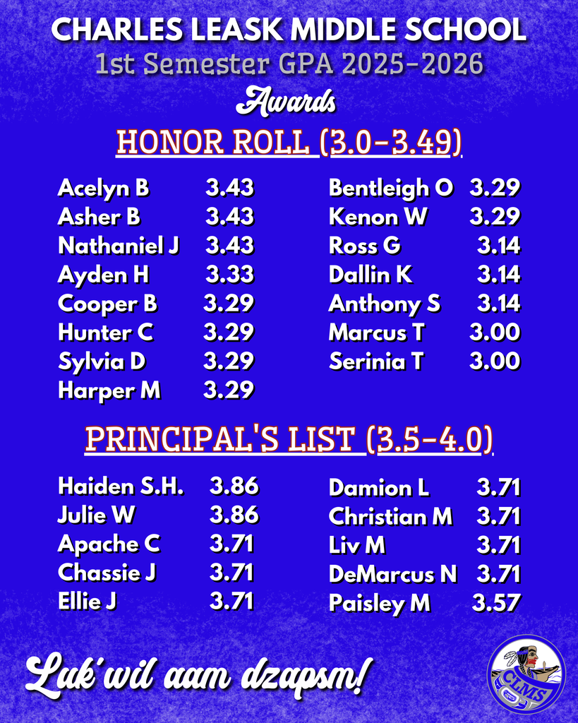 CLMS 25-26 1 sem - graphic with text, honor roll and principal's list