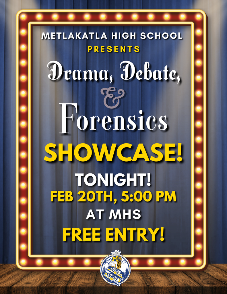 graphic with text, marquee, stage and curtains