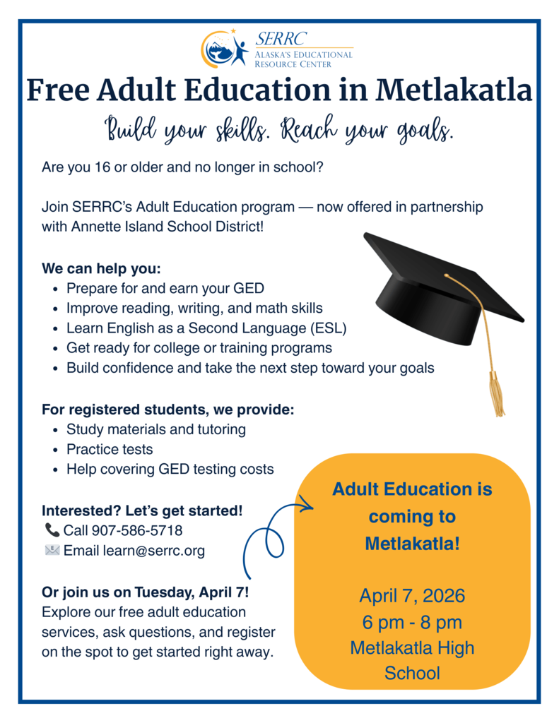 graphic with text, grad cap, information about adult ed in Metlakatla