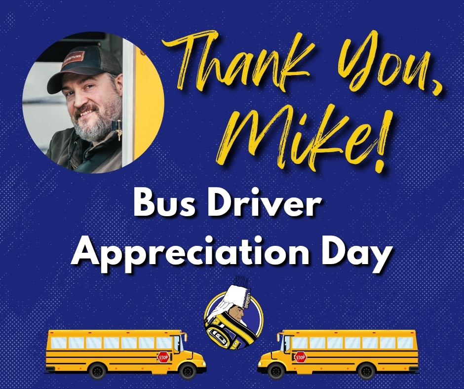 graphic with text, bus driver, smiling man