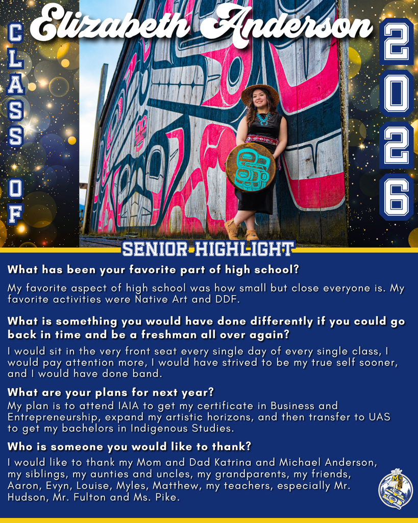 graphic with text, smiling student against formline building holding drum