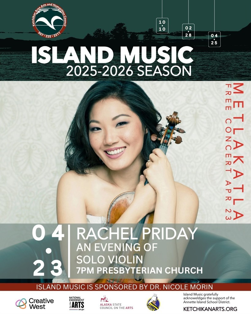 graphic with text, smiling woman with violin