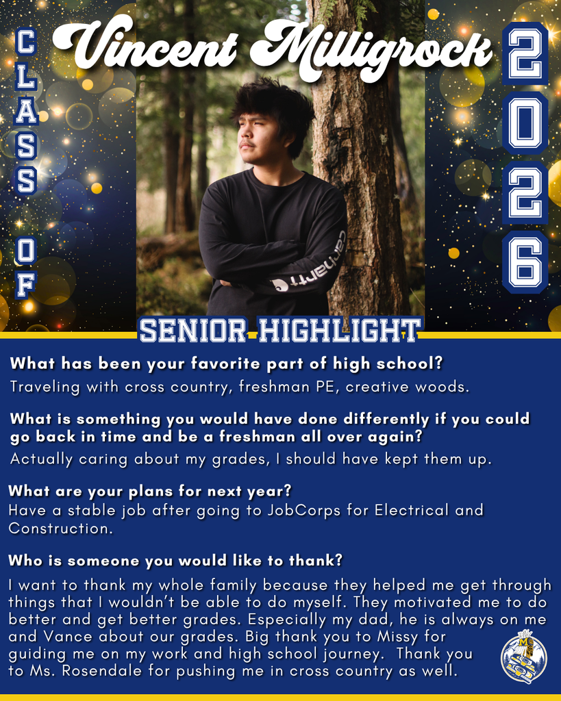 graphic with text, student posing against tree